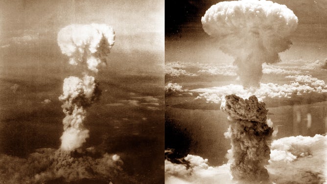 World War II, Atomic bomb mushroom clouds over Hiroshima (left) and Nagasaki (right), August 1945, Japan.
