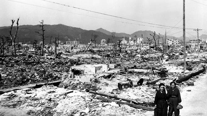 Desolation and dilapidated structures in Hiroshima following the atomic bombing of Japan, 1945.