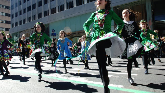 Irish dancers make their way up Fifth Ave. during the 245th annual St. Patrick's Day Parade.