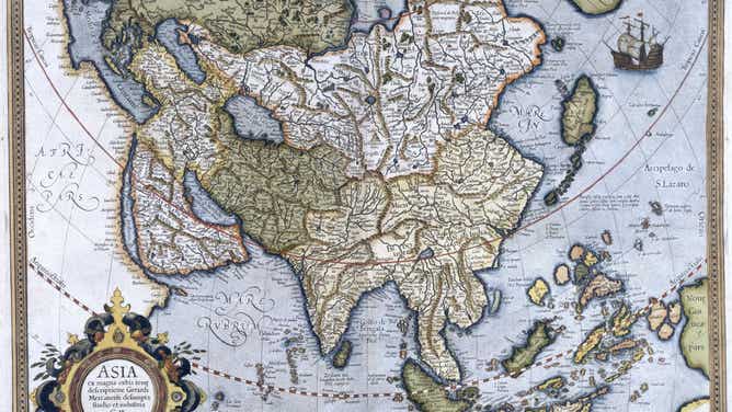 A 16th-century map of Asia with the eastern corners of Europe and Africa. Made by cartographer Mercator, who hired women to color his maps.