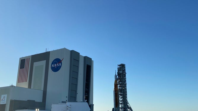 The Artemis-1 mission rocket rolls slowly to launchpad 39B at Kennedy Space Center on March 17, 2022.