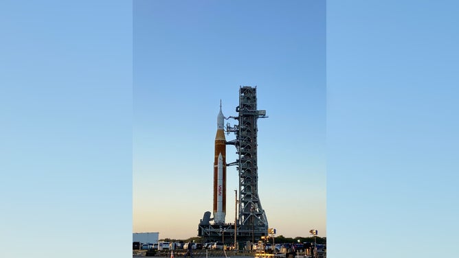 The Artemis-1 mission rocket rolls slowly to launchpad 39B at Kennedy Space Center on March 17, 2022.