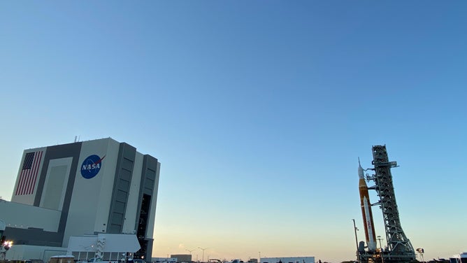 The SLS and Orion spacecraft slowly roll to launchpad 39B at Kennedy Space Center on March 17, 2022.