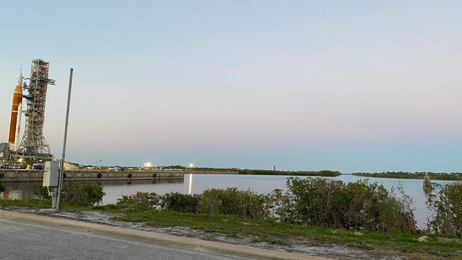 The Artemis-1 mission rocket rolls slowly to launchpad 39B at Kennedy Space Center on March 17, 2022.
