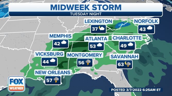 Midweek storm Tuesday night.