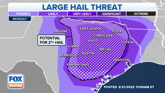Hatched area hail example map from FOX Weather