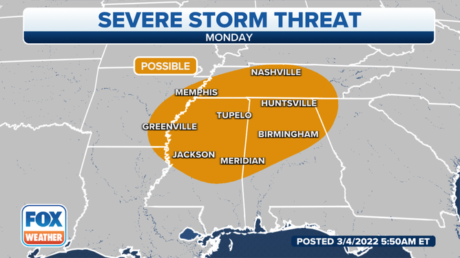 Severe storm threat on Monday, March 7, 2022.
