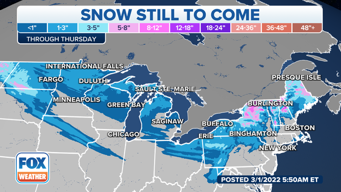 Snow forecast through Thursday, March 3, 2022.