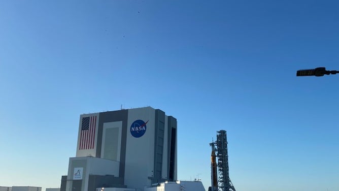 Artemis-1, the Space Launch System and Orion, emerge from the VAB at Kennedy Space Center, Florida. (Image: Emilee Speck/FOX Weather)