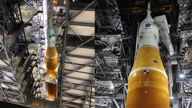 The Space Launch System Artemis-1 rocket inside the Vehicle Assembly building at Kennedy Space Center in Florida.