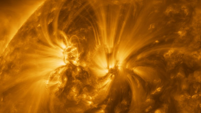 Dark filaments can be seen projecting away from the surface of the sun in this image from the Solar Orbiter. These ‘prominences’ are prone to erupt, throwing huge quantities of coronal gas into space and creating ‘space weather’ storms. (Image: ESA/NASA)