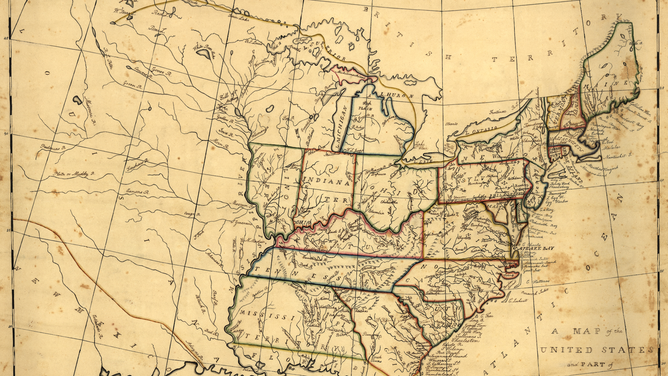 Pen-and-ink and watercolor map of the U.S., made by Mary van Schaack in ca. 1830.