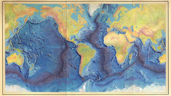 A painting of the Heezen-Tharp map "World Ocean Floor".