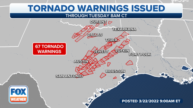 A map showing all Tornado Warnings issued between March 21 and March 22 as of 8 a.m. Central time.