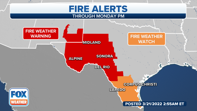 Fire Weather Alerts for Texas and Oklahoma through Monday night.