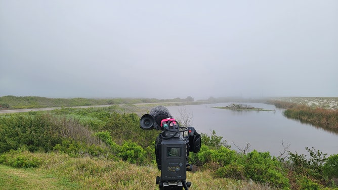 Thick fog covers the Launch Complex 39B at Kennedy Space Center where the SLS and Orion are standing on the pad on March 18, 2022.