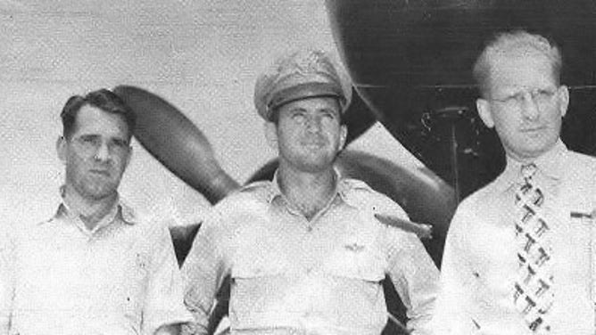 Horace Byers (right) with the Weather Bureau's Ferguson Hall (left) and the Air Force's Lt. Col. Lewis Meng. The men were part of the Thunderstorm Project.