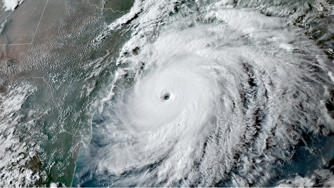 GOES-East GeoColor satellite image of Hurricane Laura at 6:01 p.m. Central time on Aug. 26, 2020.