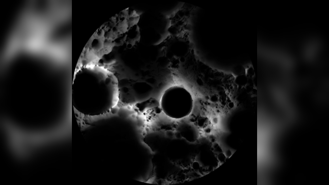 In this multi-temporal illumination map of the lunar south pole, Shackleton crater (19 km diameter) is in the center, the south pole is located approximately at 9 o'clock on its rim. The map was created from images from the camera aboard the Lunar Reconnaissance Orbiter.