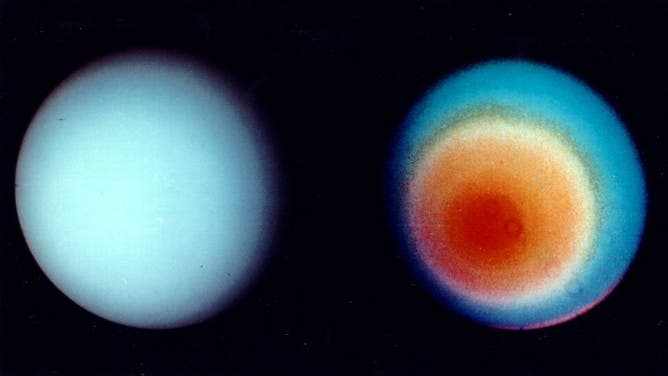 These two pictures of Uranus were compiled from images recorded by Voyager 2 on Jan. 10, 1986, when the NASA spacecraft was 18 million kilometers (11 million miles) from the planet. The picture on the left has been processed to show Uranus as human eyes would see it from the vantage point of the spacecraft. The second picture is an exaggerated false-color view that reveals details not visible in the true-color view -- including indications of what could be a polar haze of smog-like particles. (Image: NASA/JPL)