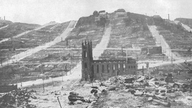 View looking west from Telegraph Hill in San Francisco after the 1906 earthquake.