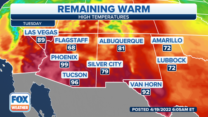 High temperatures for the Southwest for Tuesday.