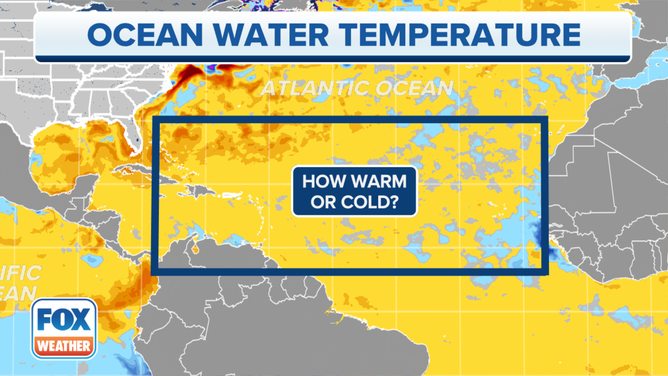 Water temperature departures from average in the Atlantic Ocean. Yellow and orange shadings depict where water temperatures are above average, while blue shadings depict where water temperatures are below average.