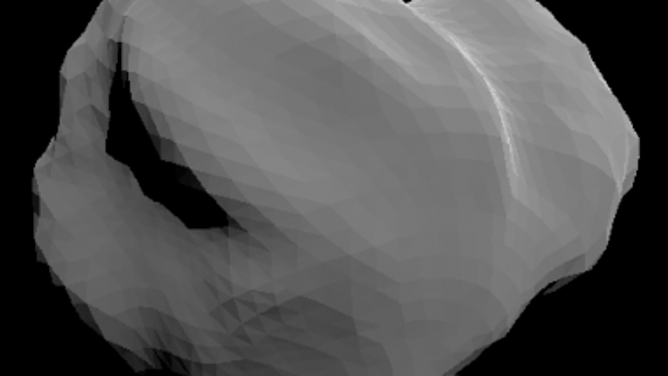 Imaging scientists Dathon Golish created this simulated image of the view of near-Earth asteroid Apophis in the APEX camera, based on a shape model produced by JPL's Marina Brozović and her colleagues.(credit: UArizona/JPL/Arecibo)