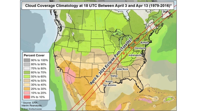 The various colors indicate the average cloud coverage at 2 p.m. Eastern time between April 3 and 13 based on ERA-Interim data from 1979 to 2016 collected by the European Centre for Medium-Range Weather Forecasting (ECMWF).