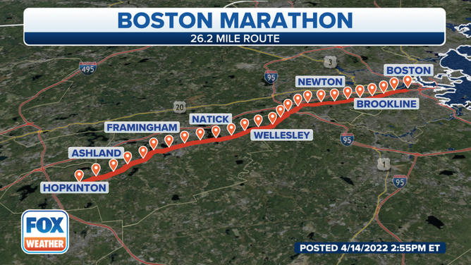 The 26.2-mile Boston Marathon route.