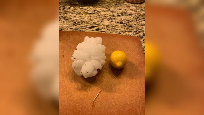 A 5.5-inch hailstone is photographed in Salado, Texas, Tuesday evening, April 12, 2022.