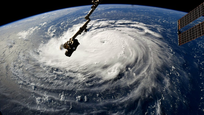 Image of Hurricane Florence barreling through the Atlantic Ocean in September 2018.