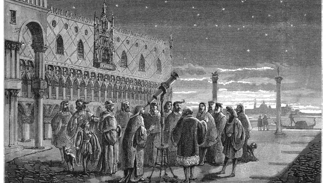 In this artist's reconstruction, Galileo is showing his telescope to the Doge and the Senators of Venice in 1609.