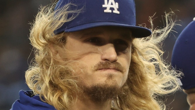 Wind blows Los Angeles Dodgers' Phil Bickford hair before game three in the 2021 National League Division Series at Dodger Stadium on Oct. 11, 2021.
