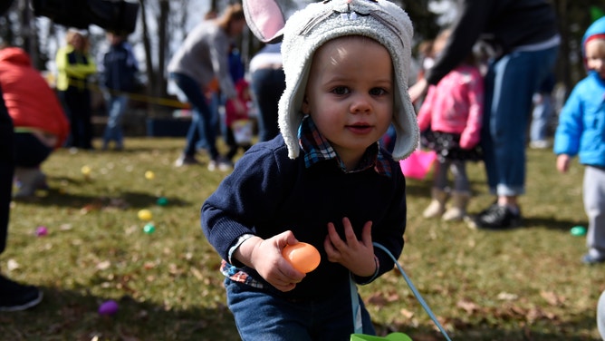 A little boy sports a bunny hat while hunting for Easter eggs.