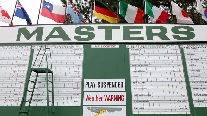 A weather warning is posted during a practice round prior to the Masters at Augusta National Golf Club on April 06, 2022 in Augusta, Georgia. 