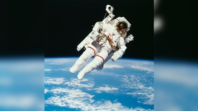 American astronaut Bruce McCandless II floats above Earth during the first untethered EVA, or extravehicular activity, in space. February 1984.