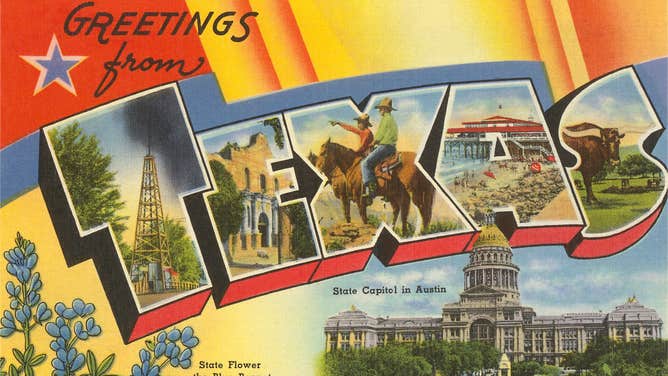 Vintage postcard ‘Greetings from Texas,’ showing the state capitol in Austin, the state flower the Blue Bonnet, cowboys, the Alamo, longhorn cattle and an oil derrick.