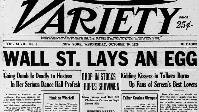 The headline of Variety proclaims "Wall St. Lays An Egg" after the October 29, 1929 crash of the Stock Market.