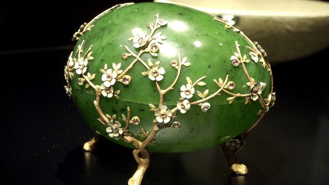 The Apple Blossom Easter Egg, part of the Faberge Collection, on display at the First USA Riverfront Arts Center, September 14, 2000, in Wilmington, DE. Originating in Russia, Faberge eggs are an opulent take on the traditional Easter egg.