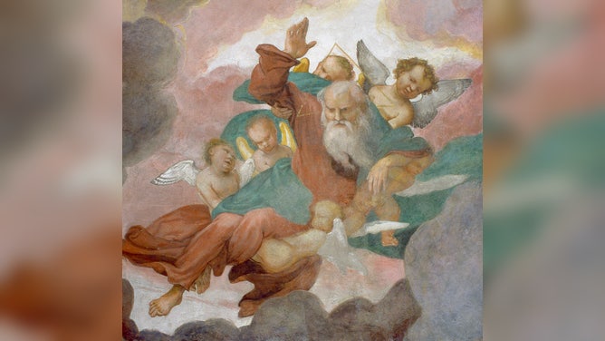 God and angels in the clouds, as depicted in the 16th-century fresco "God the Father" by Lorenzo Lotto.