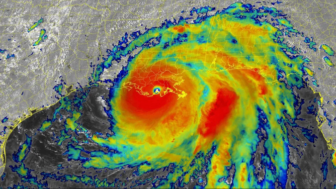 Infrared satellite image of Hurricane Ida after the storm made landfall in southeastern Louisiana on Sunday, Aug. 29, 2021.