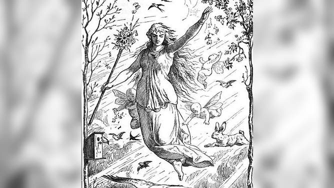 A rabbit chases the heels of the goddess Eostre, who was also called "Ostara", in artwork by Johannes Gehrts.