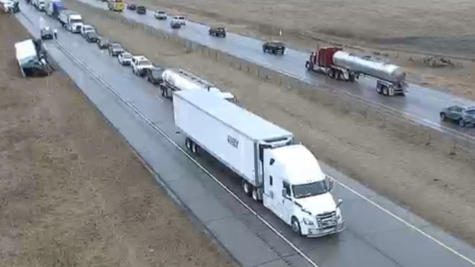 Several semi-trucks were blown over on I-35 south of Faribault, Minn. on Tuesday, April 12, 2022. (Image credit: MnDOT)