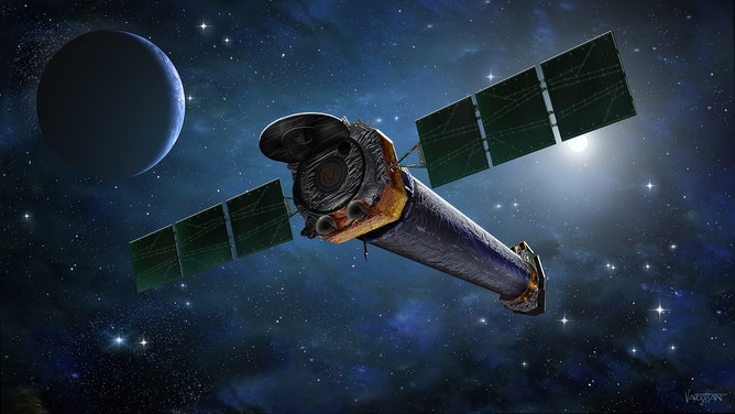 Artist's depiction of the telescope Chandra X-Ray Observatory, which was launched in 1999 as part of NASA's Great Observatories initiative.