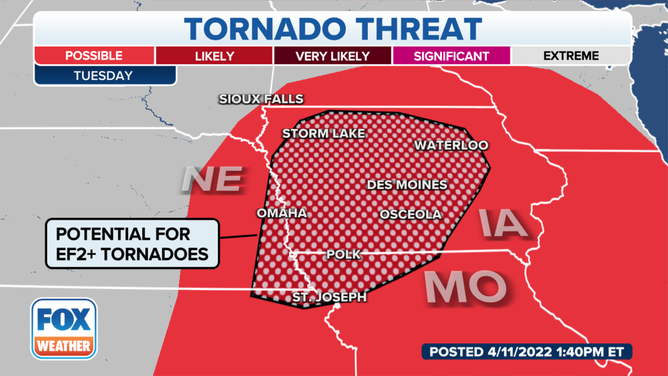 Tornado Outlook map with hatched area from April 2022