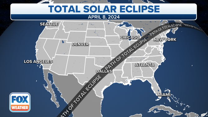 Path of totality during the Great North American Solar Eclipse on April 8, 2024.