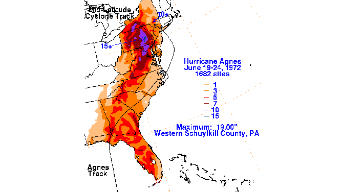 A map showing how much rain fell in association with Hurricane Agnes and its remnants in the eastern U.S.
