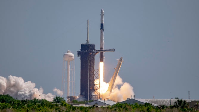A Falcon 9 rocket launches with the Axiom-1 private astronaut mission from Kennedy Space Center, Fla. on April 8, 2022.