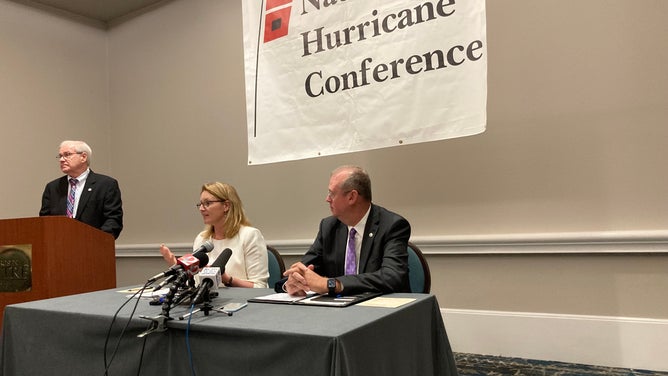 FEMA Administrator Deanne Criswell and National Hurricane Center Director Ken Graham speak to reporters at the National Hurricane Conference in Orlando, Fla. on April 13, 2022.